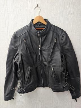 First Classics Leather Gear Black Motorcycle Jacket Coat Women's Size Large